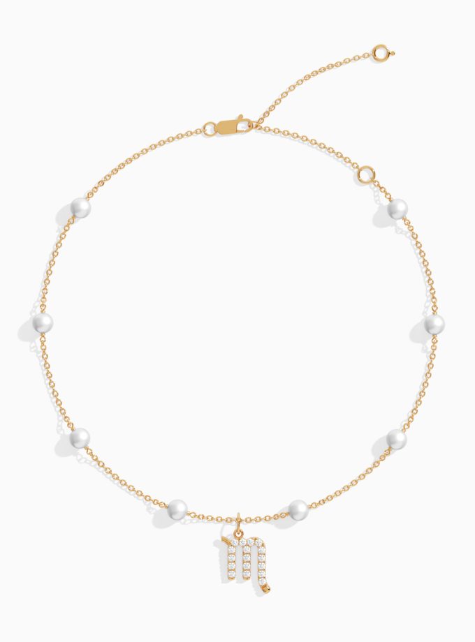 Scorpio Zodiac Anklet with Diamonds and Pearls | Diamond Anklets | 18K Gold Anklets | Varudai | Pearl Anklets | Varudai Jewelry | Zodiac Sign Anklets | Zodiac Anklets | Zodiac diamond Anklets