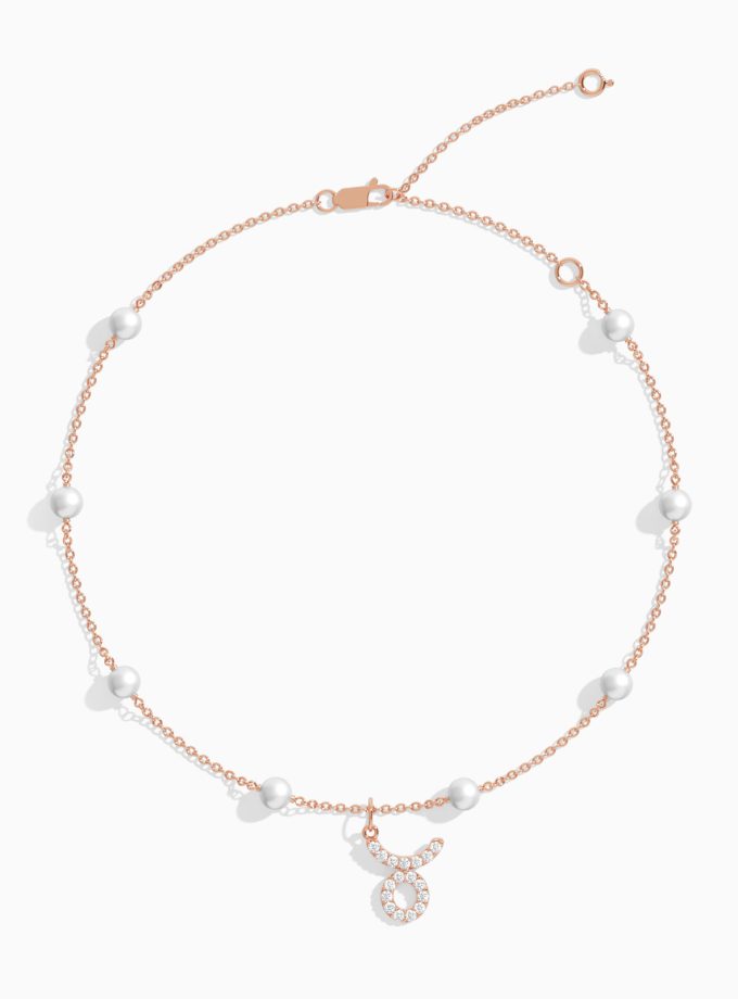 Taurus Zodiac Anklet with Diamonds and Pearls | Diamond Anklets | 18K Gold Anklets | Varudai | Pearl Anklets | Varudai Jewelry | Zodiac Sign Anklets | Zodiac Anklets | Zodiac diamond Anklets