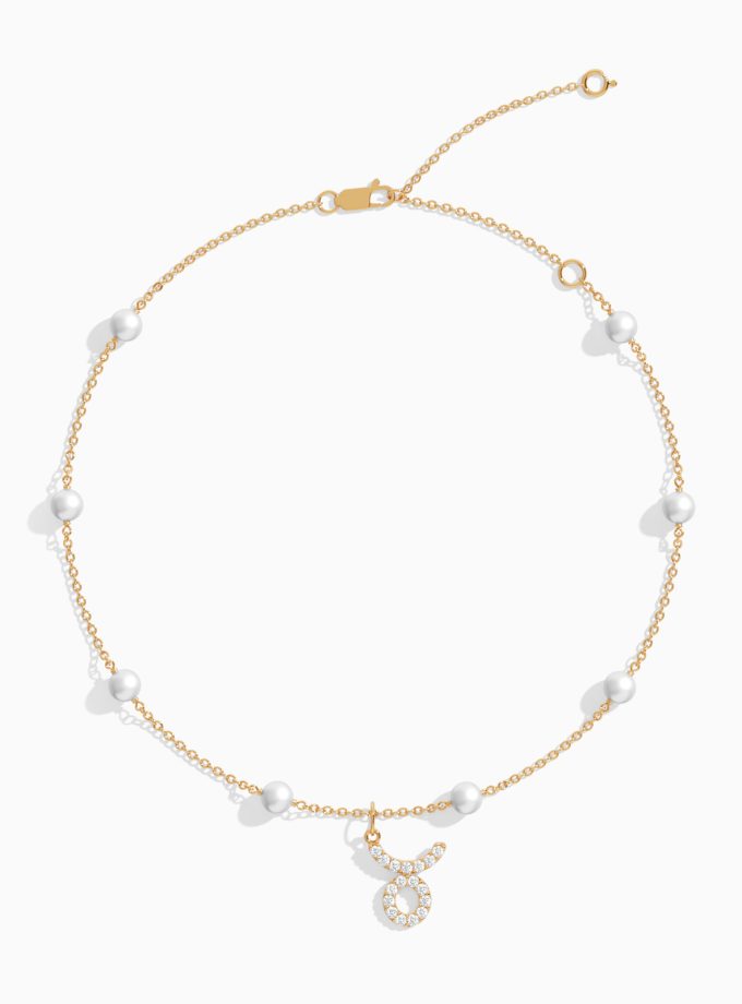 Taurus Zodiac Anklet with Diamonds and Pearls | Diamond Anklets | 18K Gold Anklets | Varudai | Pearl Anklets | Varudai Jewelry | Zodiac Sign Anklets | Zodiac Anklets | Zodiac diamond Anklets