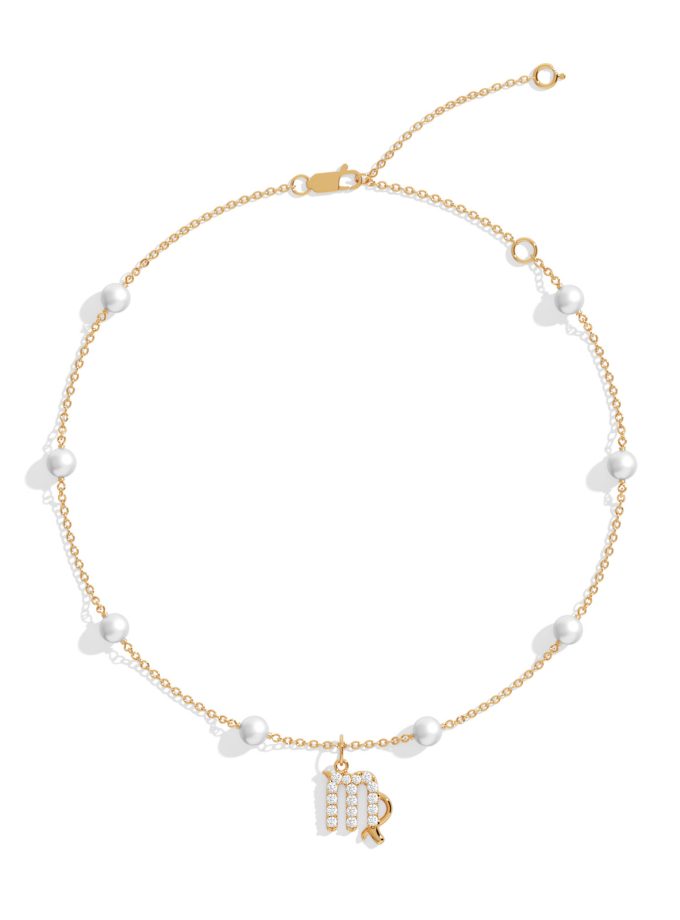 Classic Virgo Zodiac Anklet with Pearls | Diamond Anklets | 18K Gold Anklets | Varudai | Pearl Anklets | Varudai Jewelry | Zodiac Sign Anklets | Zodiac Anklets | Zodiac diamond Anklets