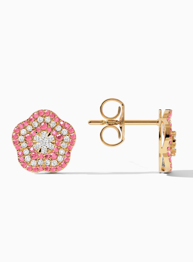Rosette Floral Pink Diamond Earrings in 18k gold