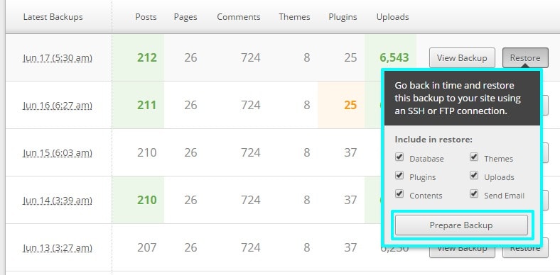 Prepare Backup VaultPress Dashboard