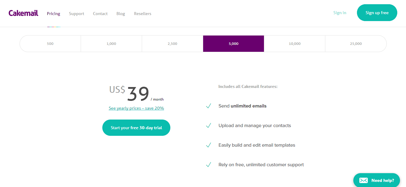 Pricing Email marketing tools for small business Cakemail