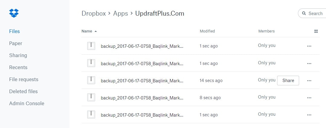all backups in dropbox updraft