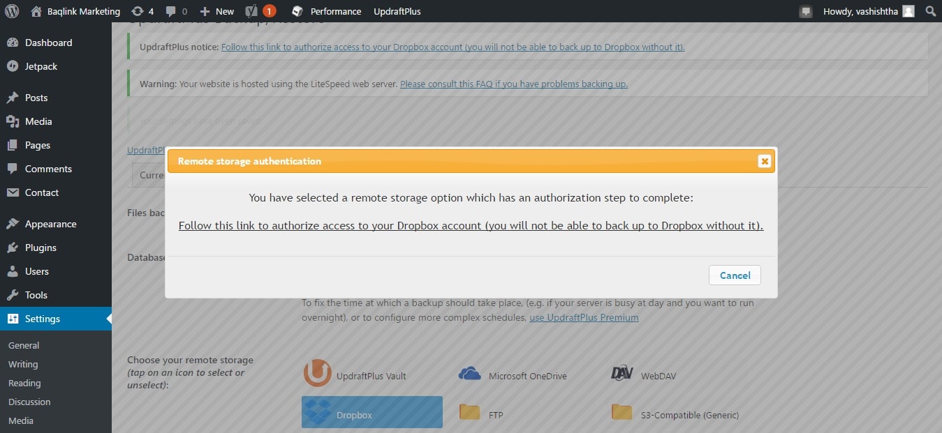 select and authorize updraft plus dropbox