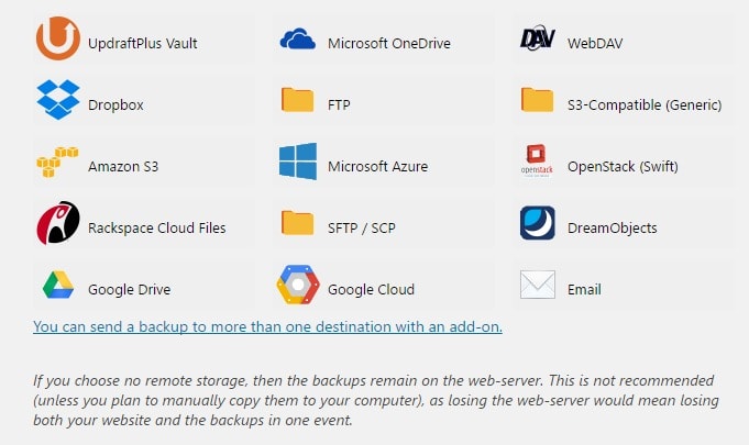 updraft backup storage options