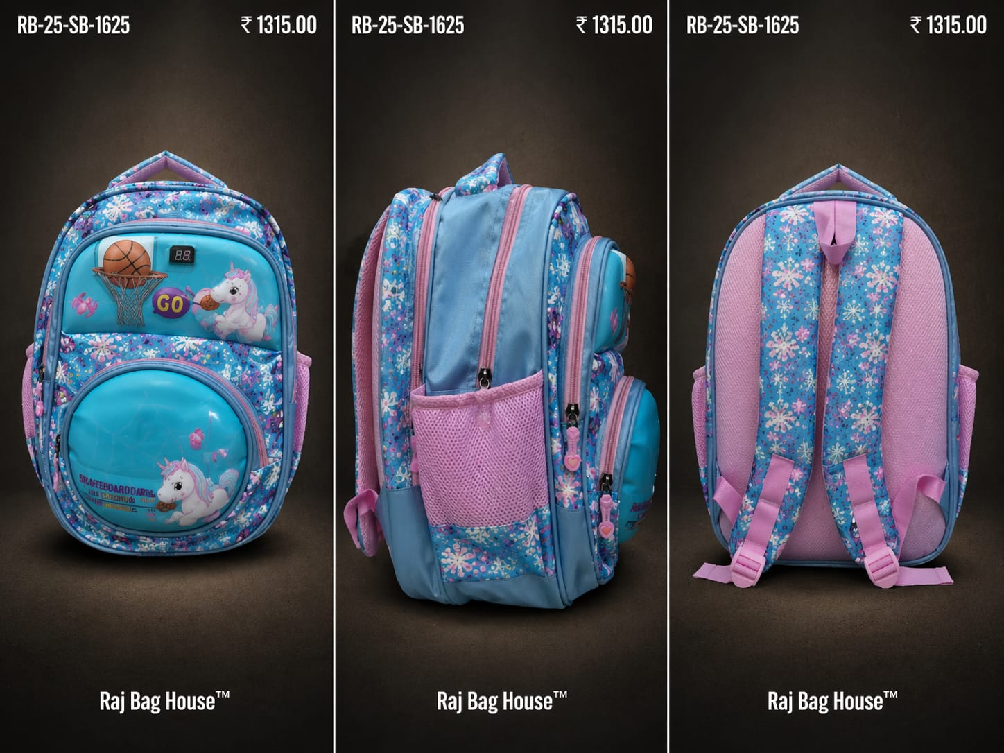 Jacky 1625 Unicorn Large School Backpack – Sky Blue / Pink