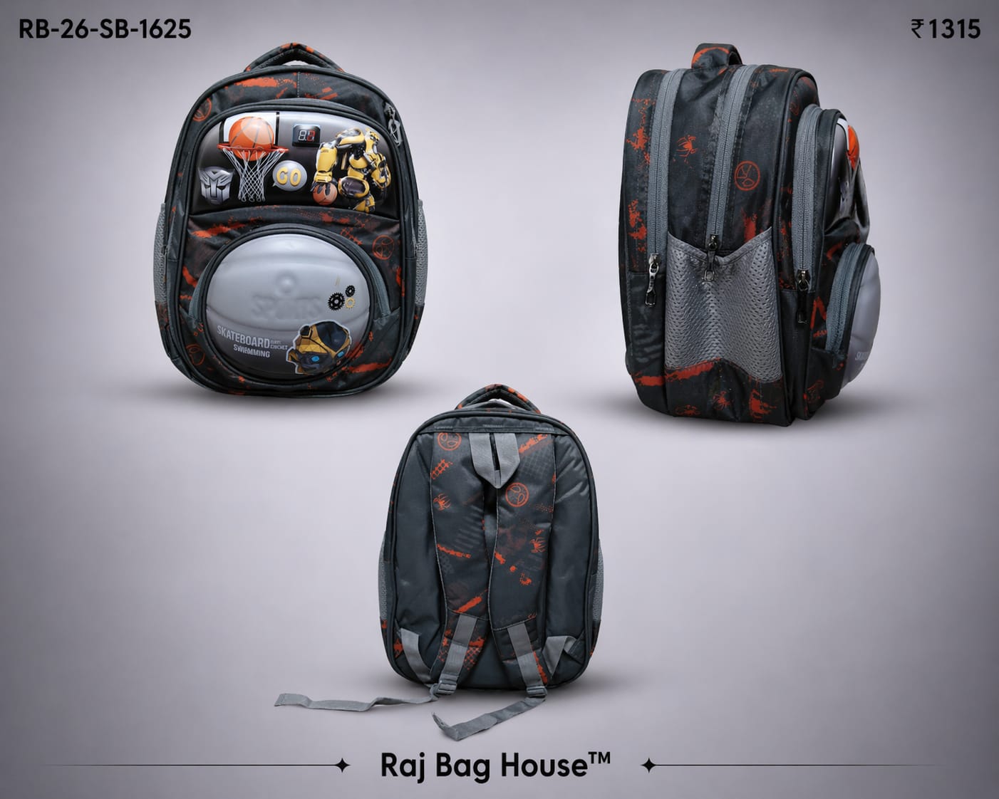 Jacky 1625 Batman Large School Backpack – Black / Grey / Orange