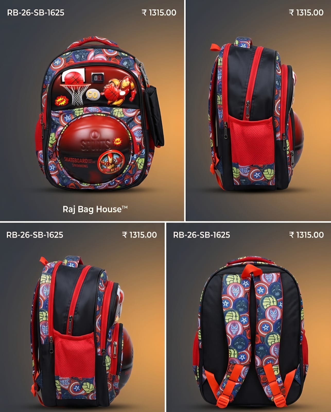 Jacky 1625 Iron Man Large School Backpack – Red / Black / Multicolour