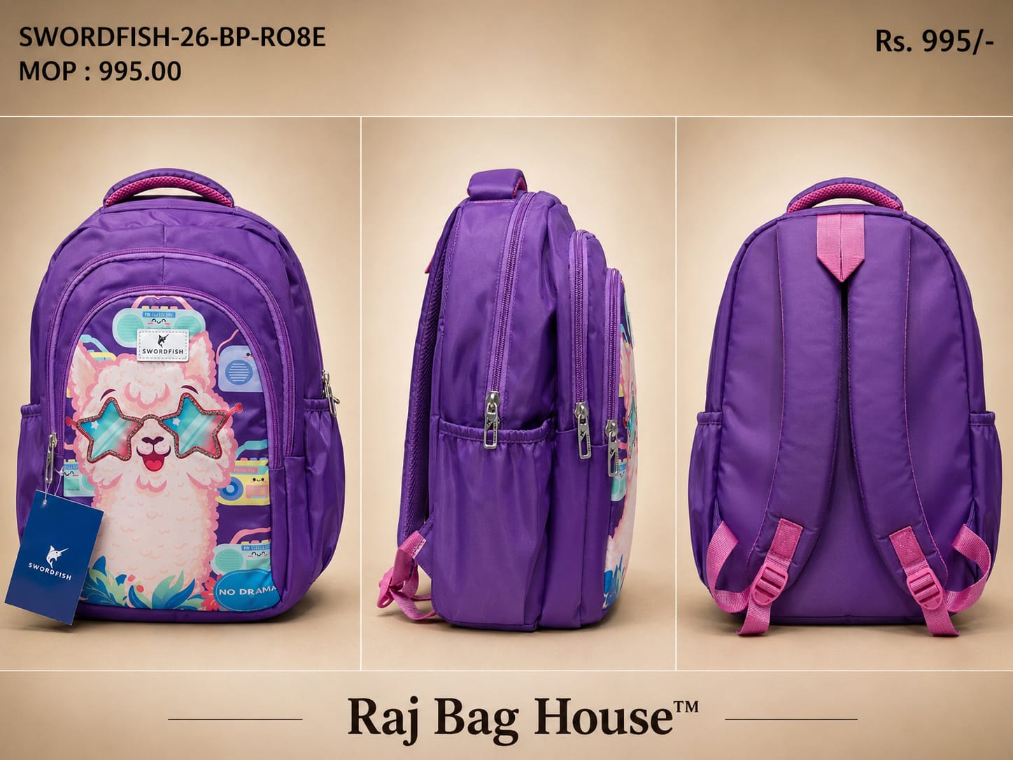 HighStyle Swordfish Lama Large School Backpack – Purple 2