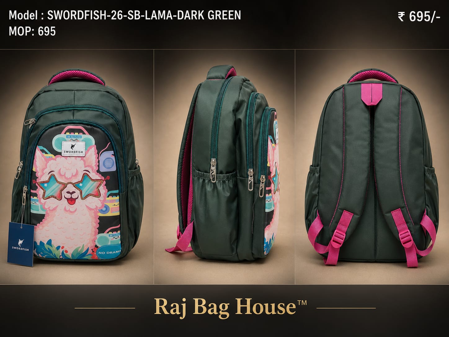 HighStyle Swordfish Lama Large School Backpack – Dark Green 2