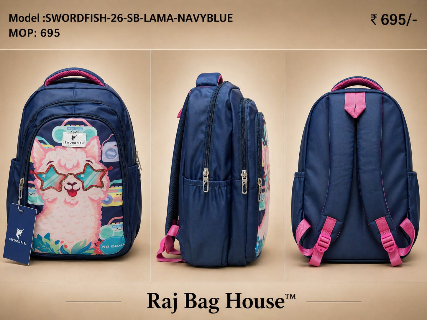 HighStyle Swordfish Lama Navyblue Large School Backpack – Navy Blue 2