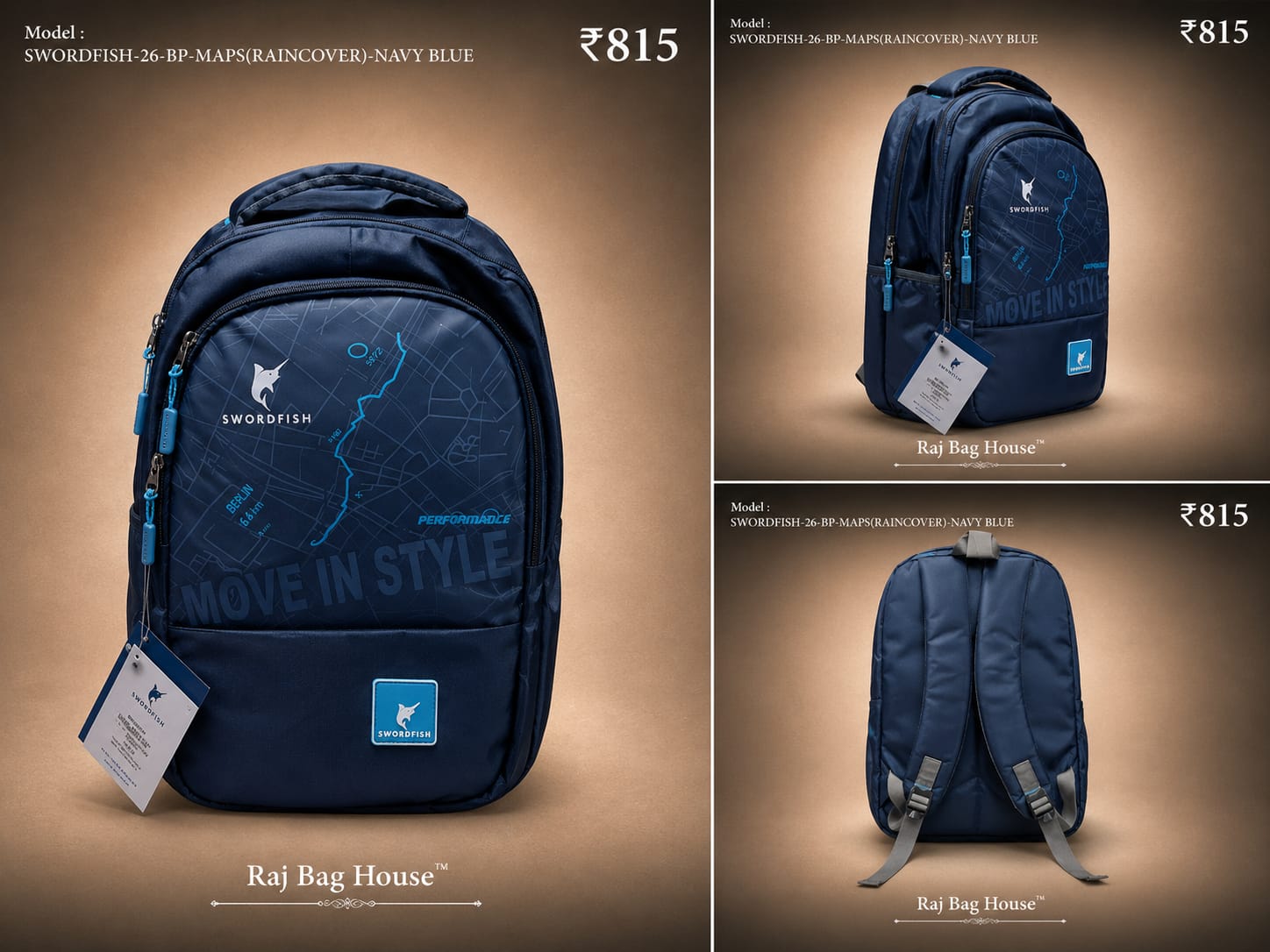 HighStyle Swordfish Maps(raincover) Large Backpack – Navy Blue 2