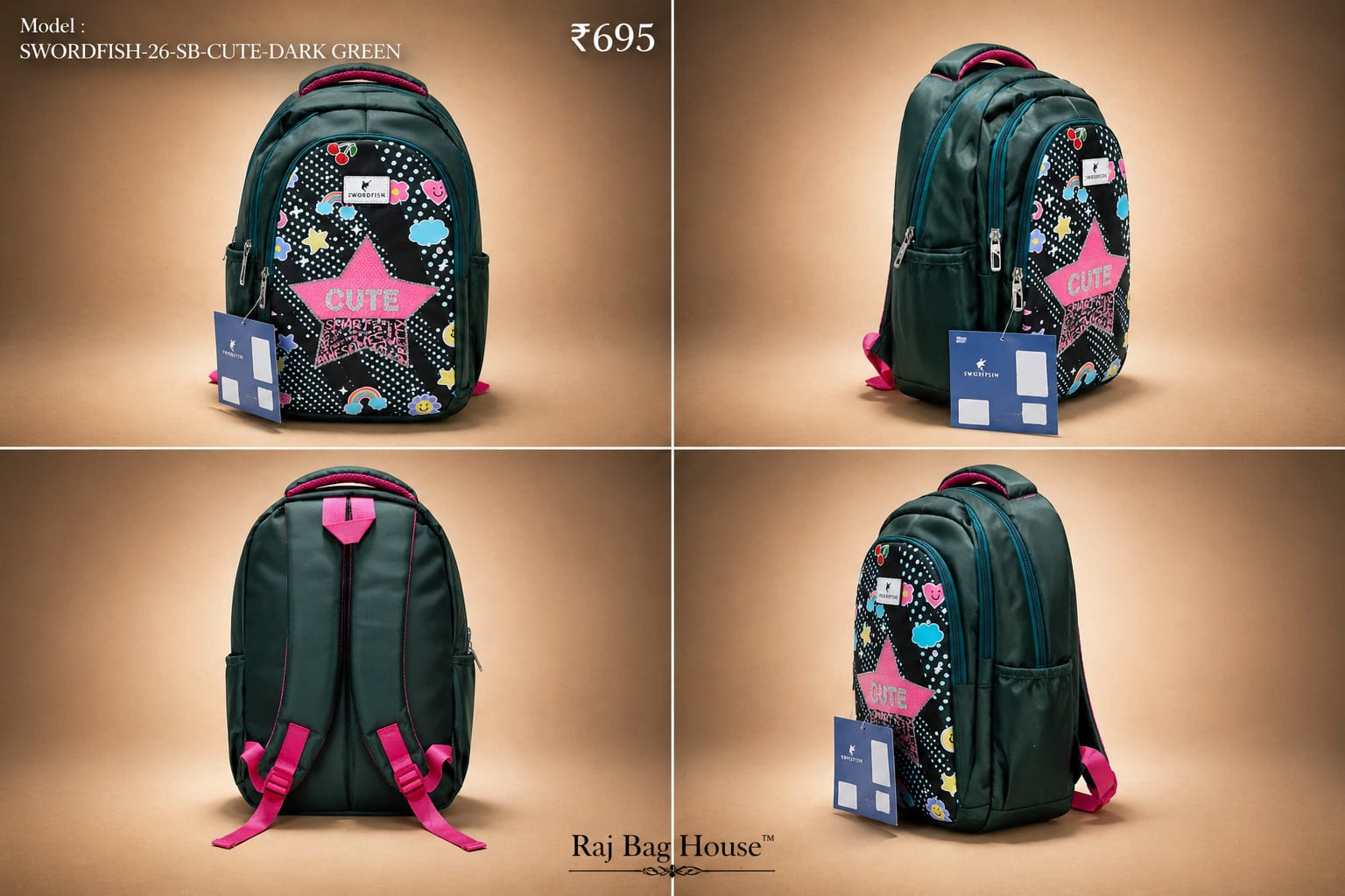 HighStyle Swordfish Cute Large School Backpack – Dark Green 2