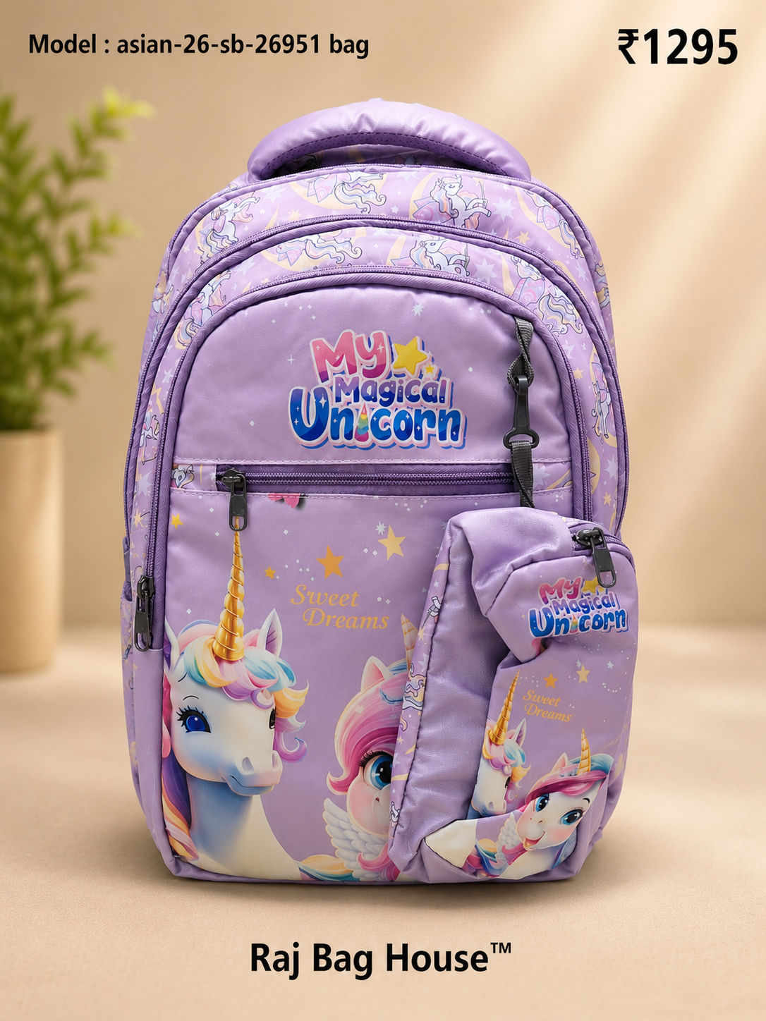 Asian 26951 Light Unicorn Medium School Backpack – Light Purple