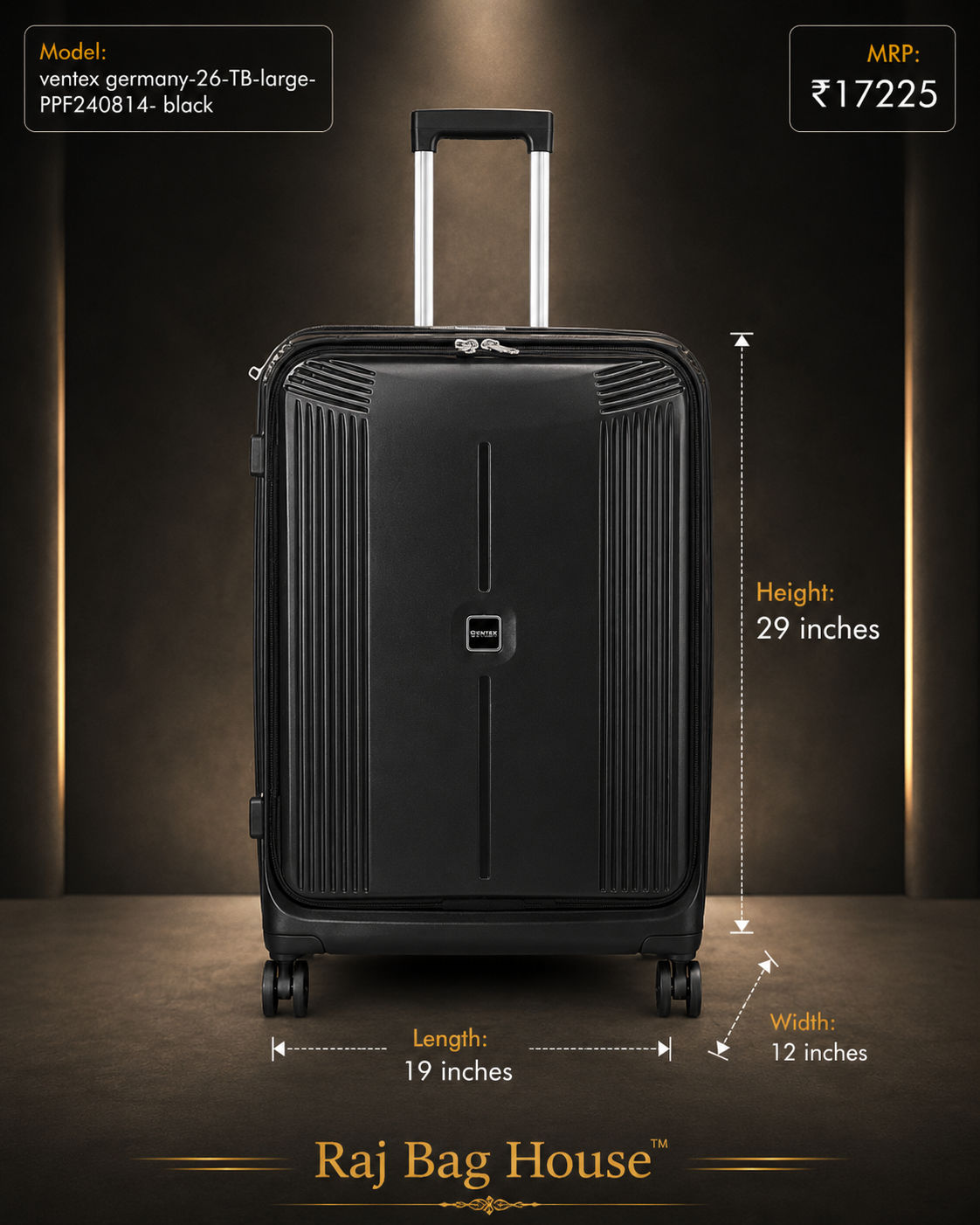Ventex Germany Large Trolley Luggage PPF2408T4 - Black