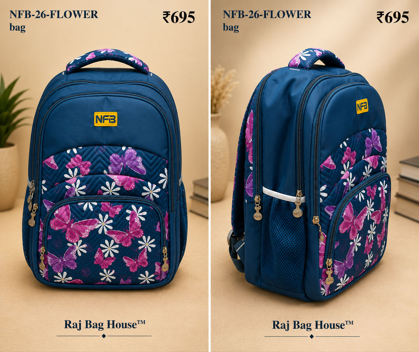 Nfb Flower Blue001 Medium School Backpack – Navy Blue 2