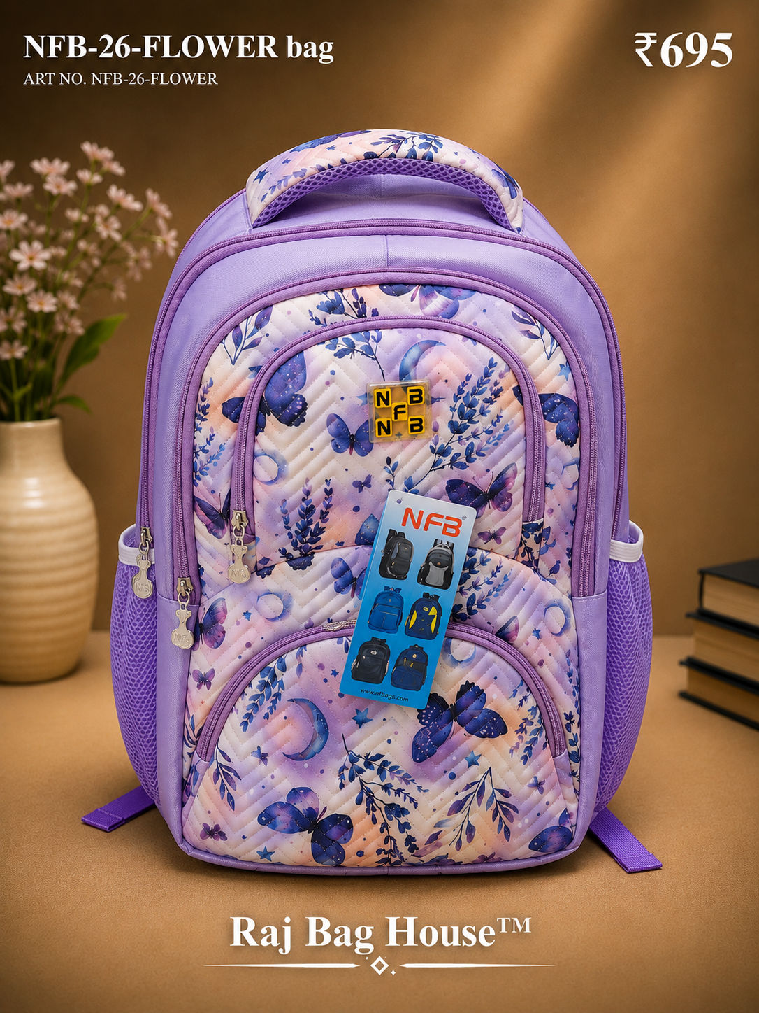 Nfb Flower 003 Medium School Backpack – Purple
