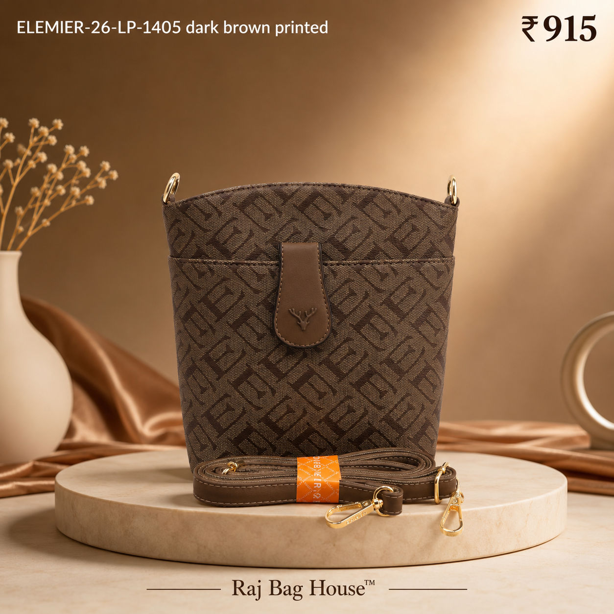Imported Elemier 1405 Printed`` Small Handbag – Dark Brown