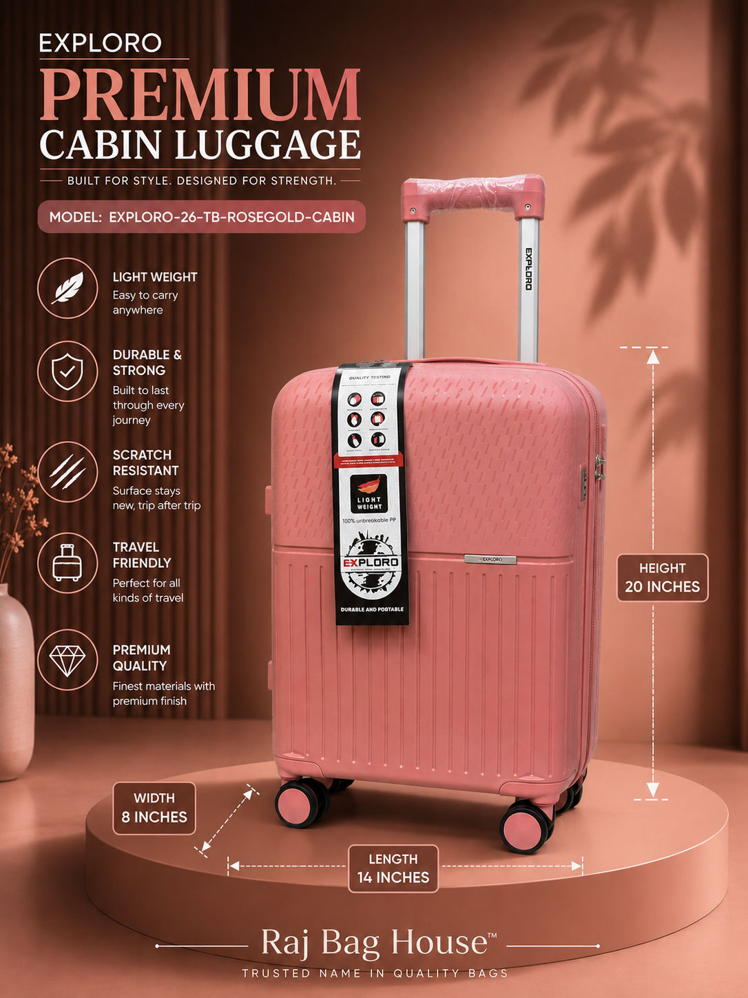 Exploro Rosegold Cabin Trolley Bag – Rose Gold