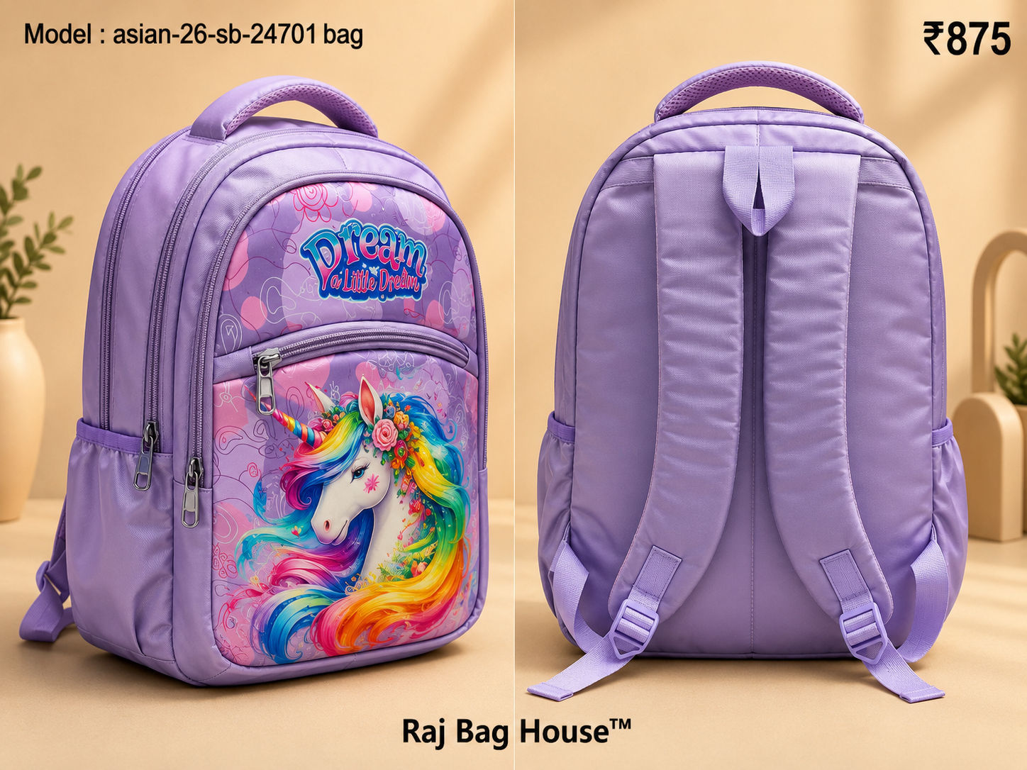 Asian 24701 Light Unicorn Medium School Backpack – Light Purple 2