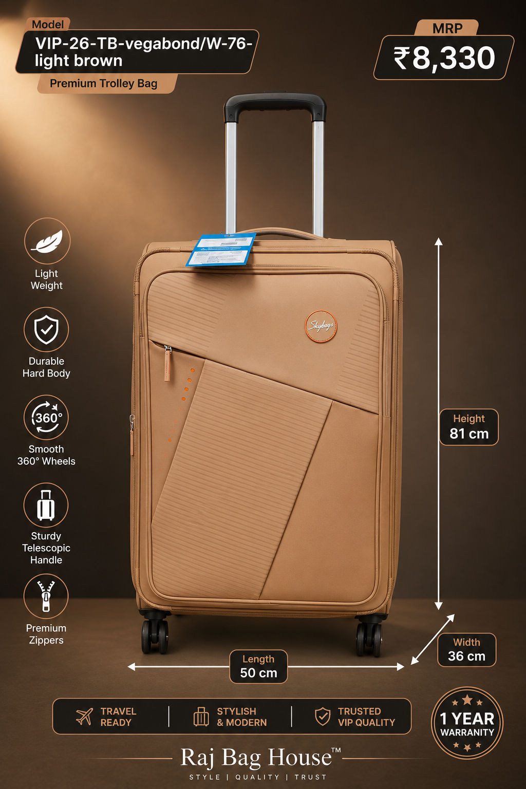 Skybags VIP Vegabond 76 Lightbrown Large Trolley Bag – Light Brown