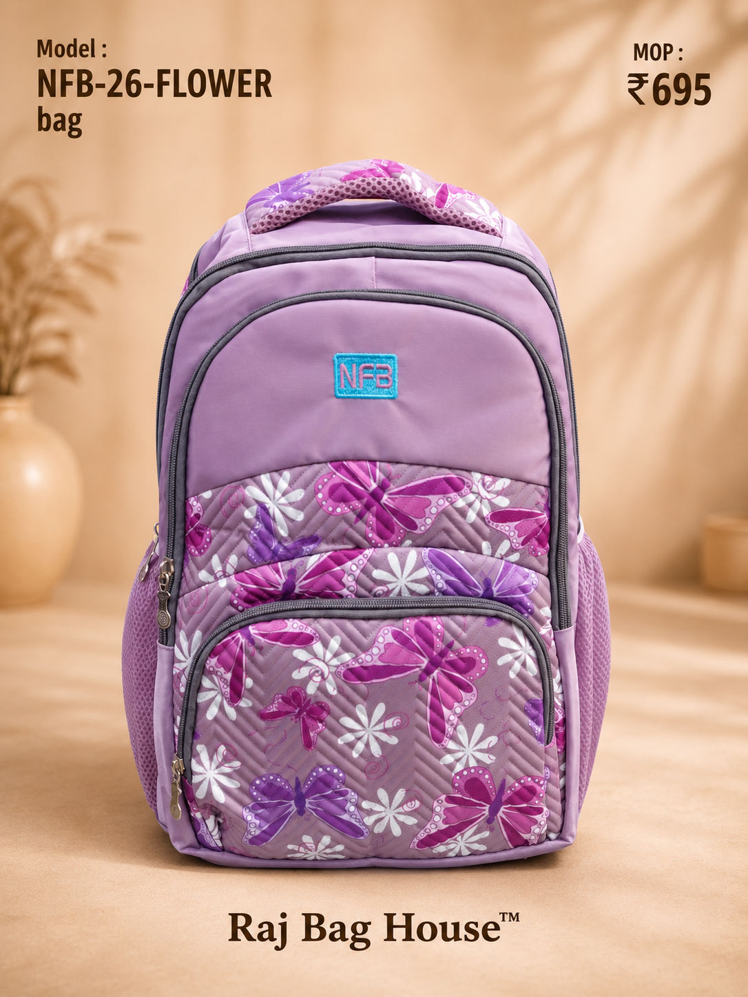 Nfb Flower 005 Medium School Backpack – Purple