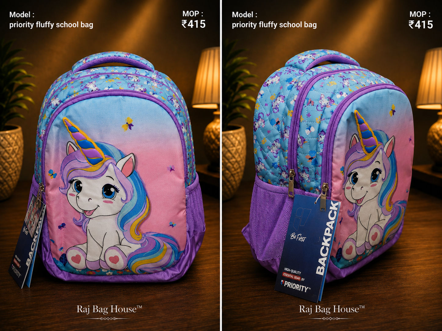 Priority Fluffy 001 School Backpack - Sky Blue / Purple Unicorn