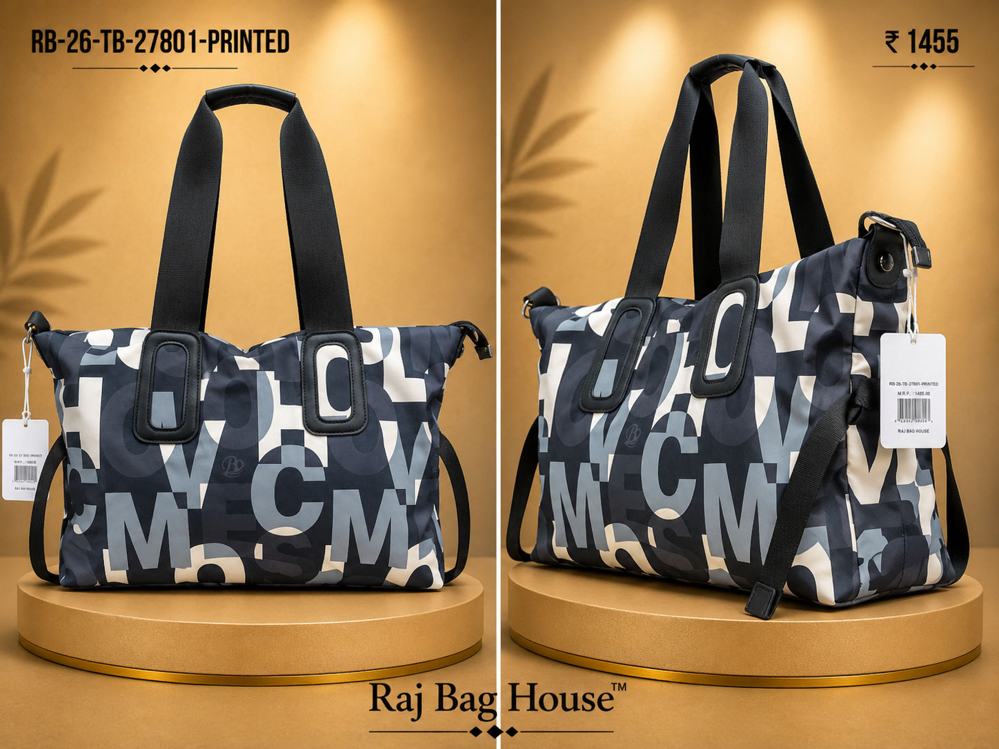 Imported 27801 Printed Tote Bag – Cream / Black