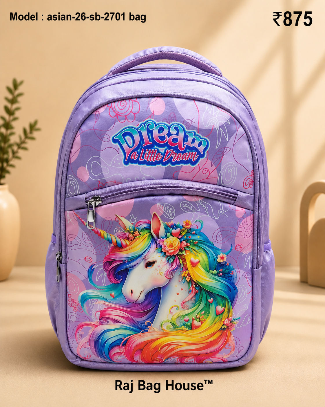 Asian 24701 Light Unicorn Medium School Backpack – Light Purple