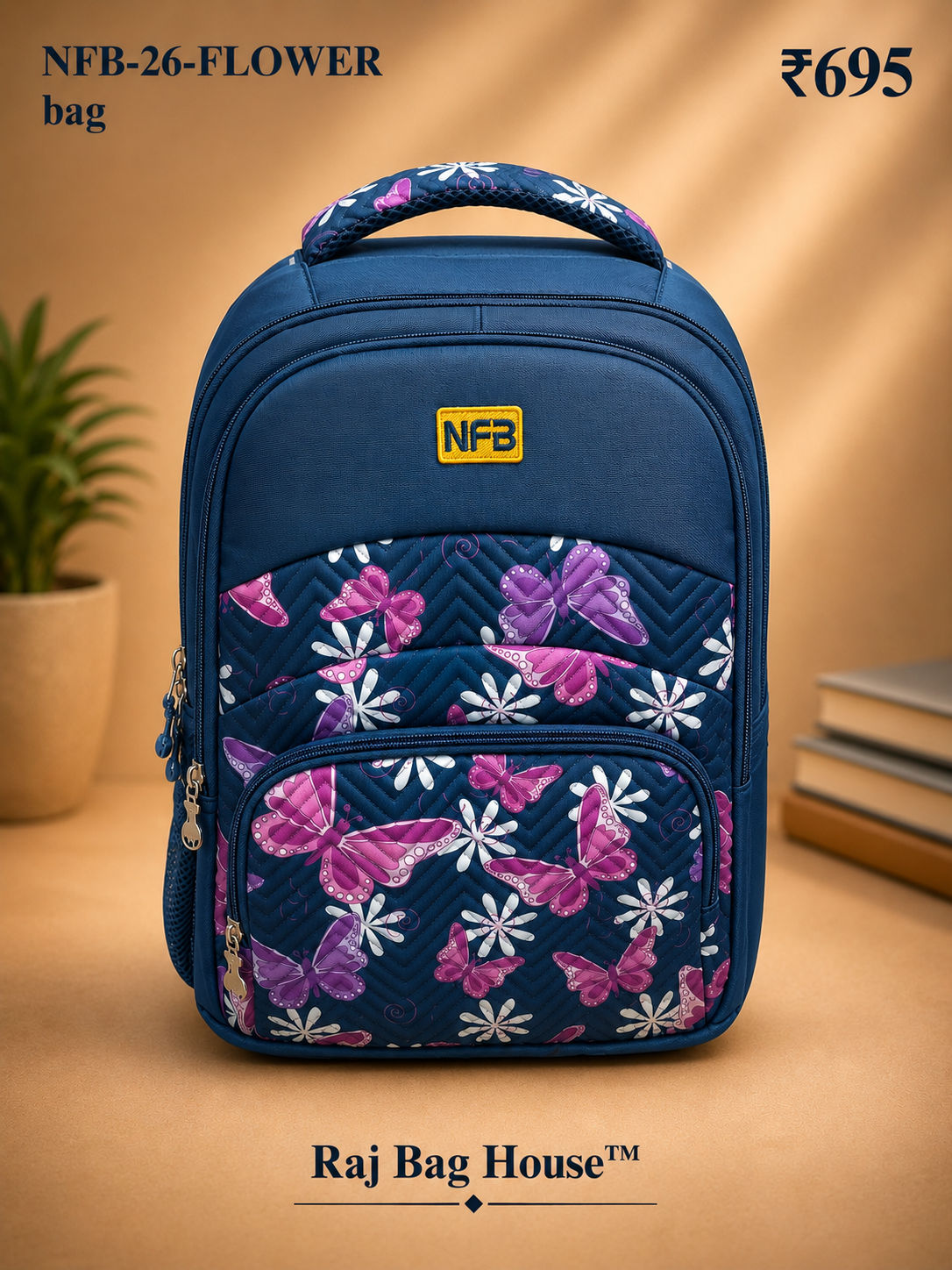 Nfb Flower Blue001 Medium School Backpack – Navy Blue