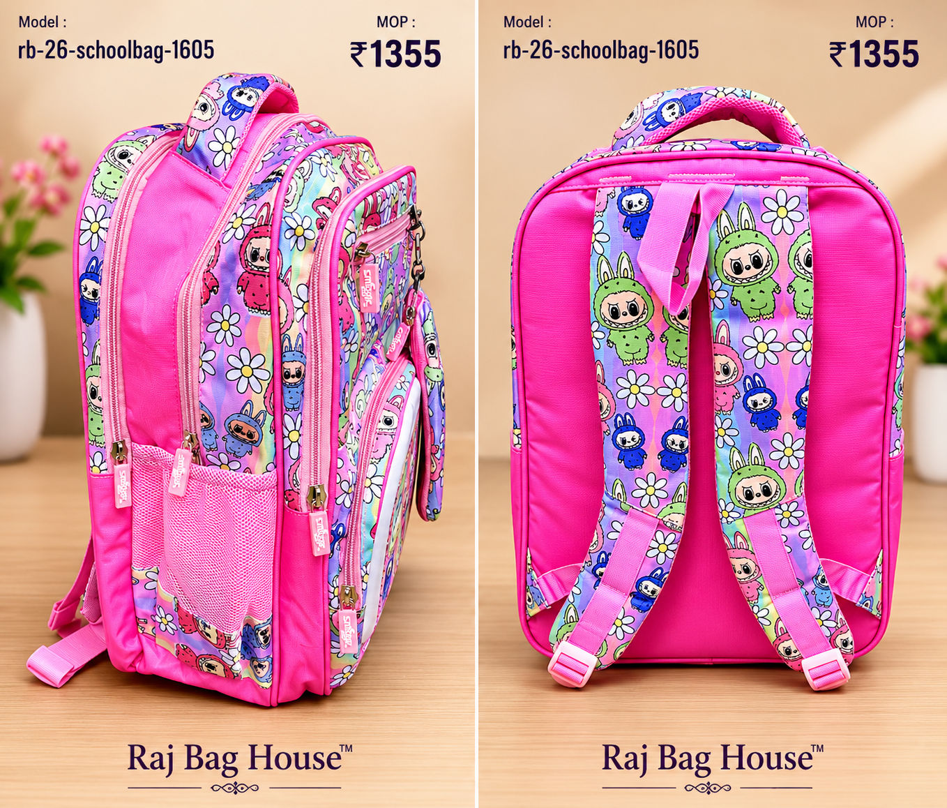 Imported Schoolbag 1605 Labubu Pattern Medium School Backpack – Pink 2