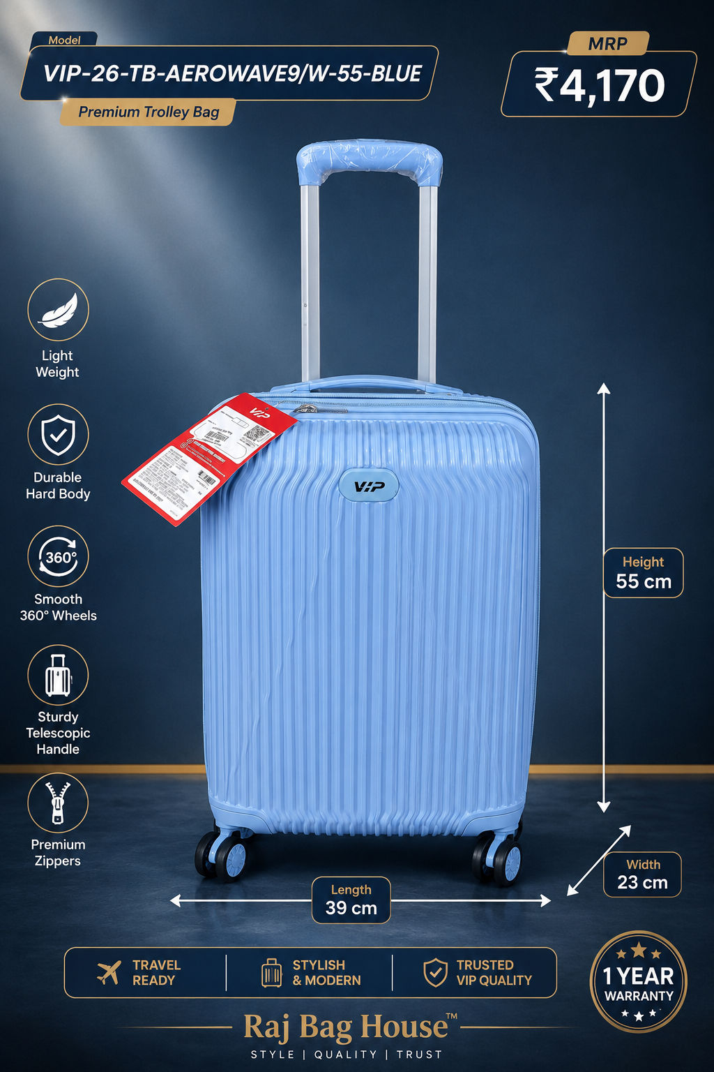 VIP AeroWave 55 Cabin Trolley Bag – Blue