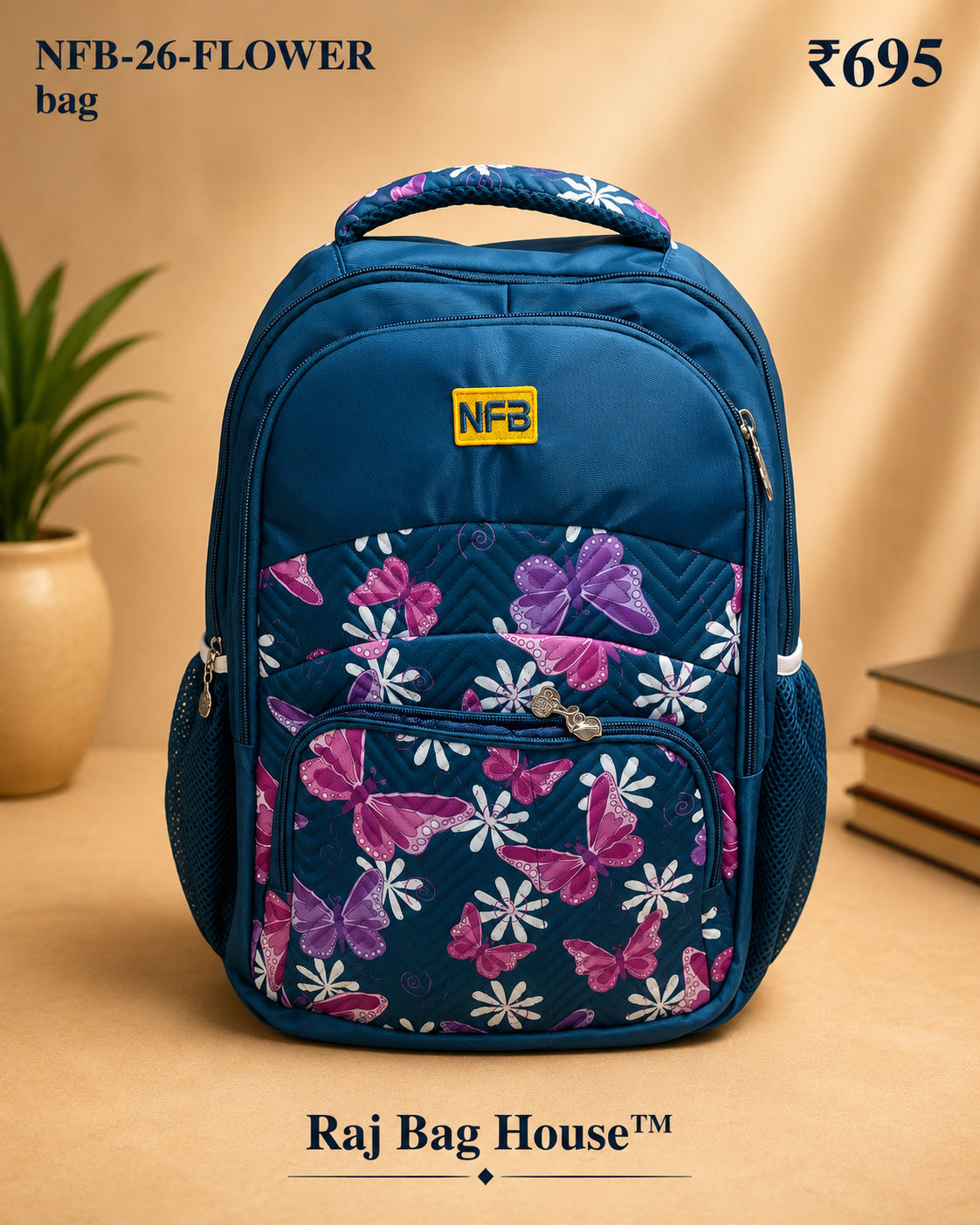 Nfb Flower 002 Medium School Backpack – Teal Blue