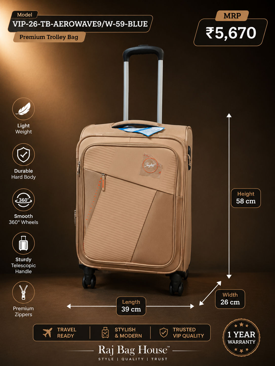 Skybags VIP Vegabond 59 Lightbrown Cabin Trolley Bag – Blue