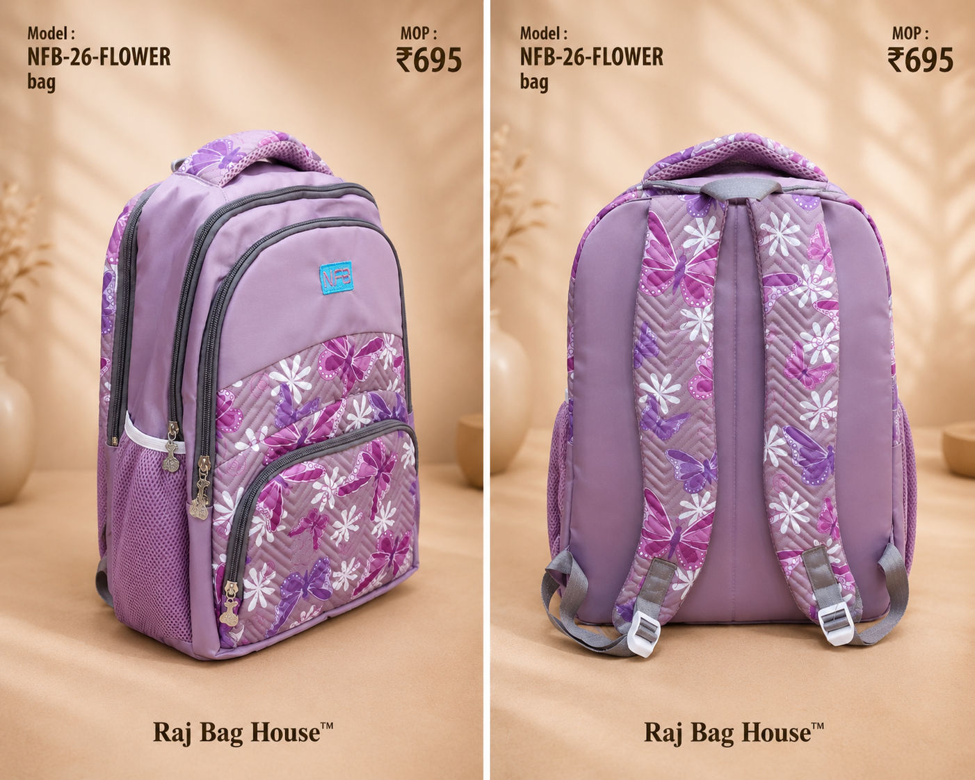 Nfb Flower 005 Medium School Backpack – Purple 2