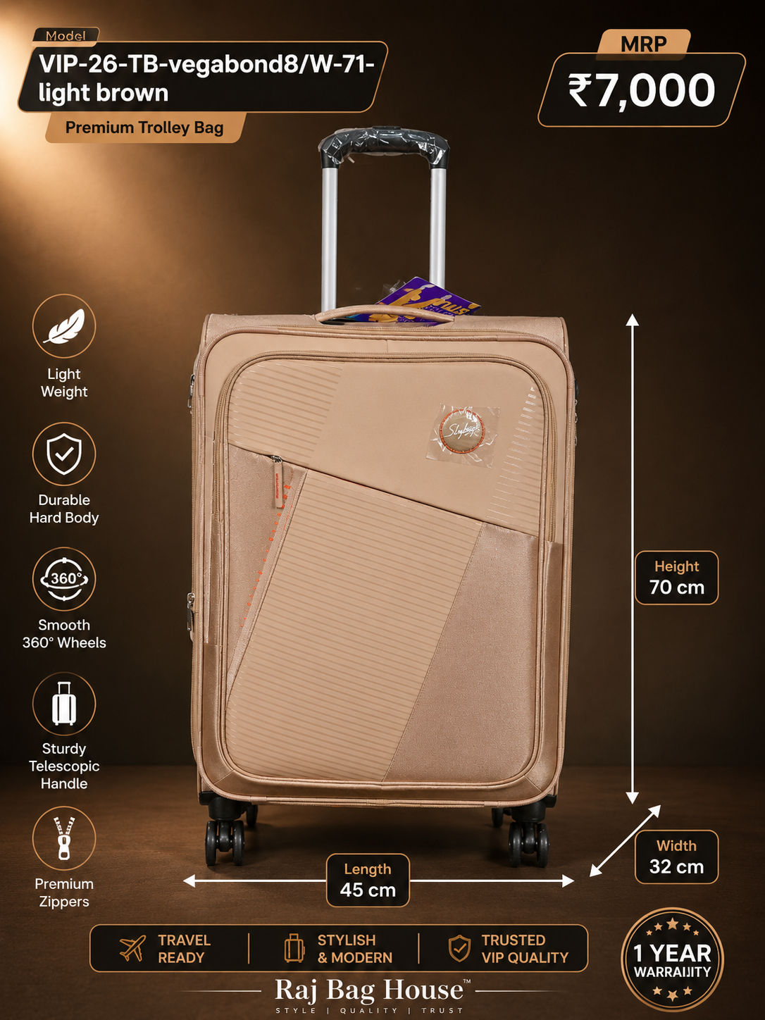 Skybags VIP Vegabond 71 Lightbrown Medium Trolley Bag – Light Brown