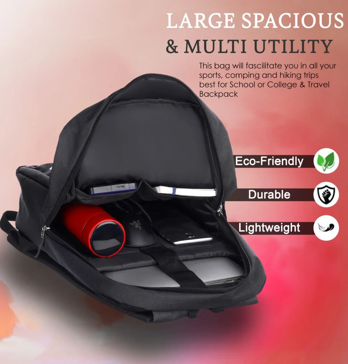 ENFLIER Black College Backpack – Water-Resistant Laptop Bag