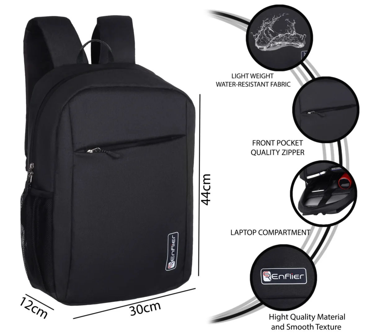 ENFLIER Black College Backpack – Water-Resistant Laptop Bag