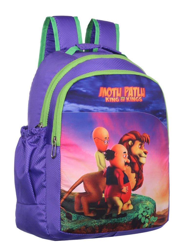 Colorful backpack with cartoon characters.