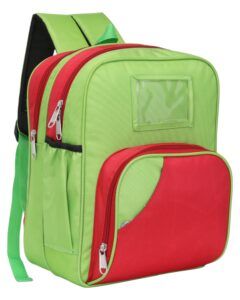 Green and red backpack with zippers