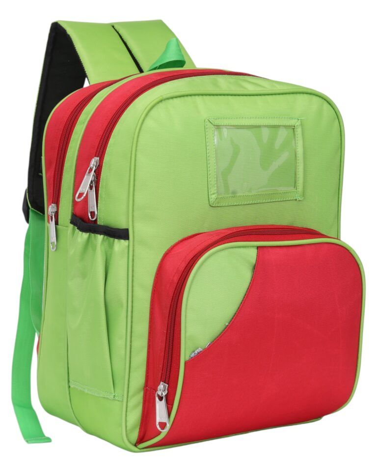 Green and red backpack with zippers