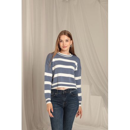 Triko Kumaş Çizgili Crop Kazak