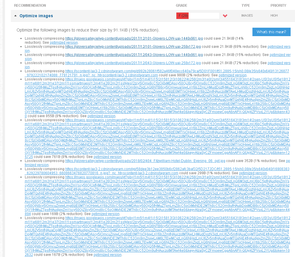 screenshot from Gtmetrix results page showing the detail of images that need to be optimised