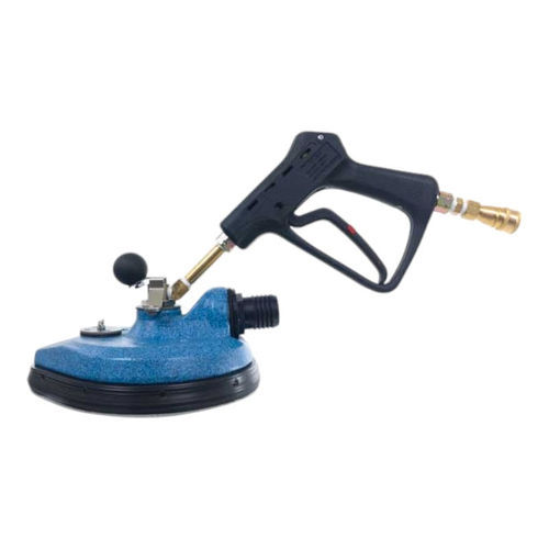 High-efficiency pressure washer surface cleaner with a black handle and blue base for outdoor cleaning tasks
