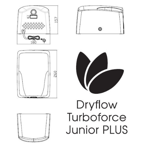 Dryflow Turboforce Junior PLUS hand dryer technical drawing and branding