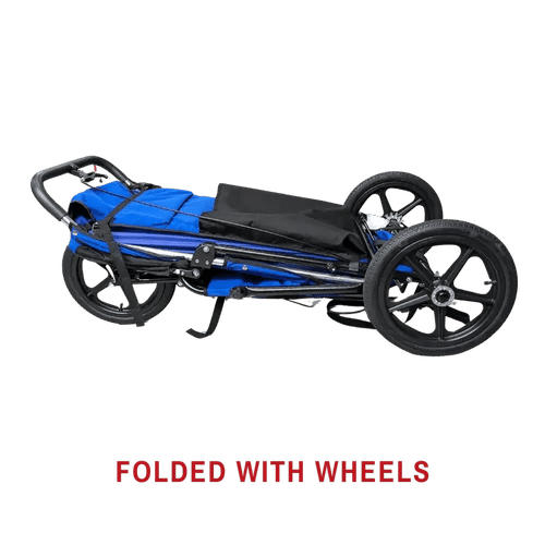 Compact blue stroller with black wheels, easily folded for storage and travel.