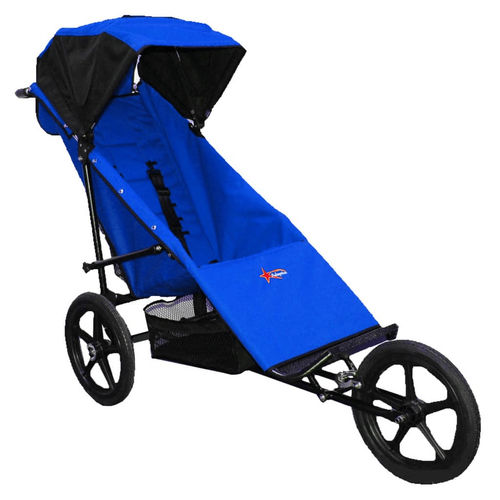 Bright blue jogger stroller with a foldable canopy and durable wheels for outdoor use