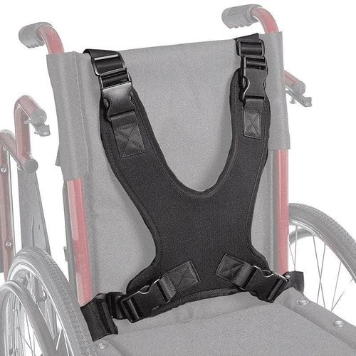 Adjustable black harness for wheelchair seat, ensuring safety and support for users.
