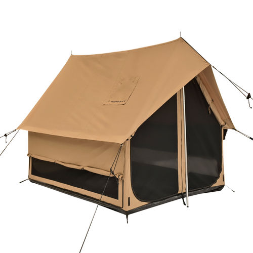 Spacious beige canvas camping tent with mesh windows for ventilation